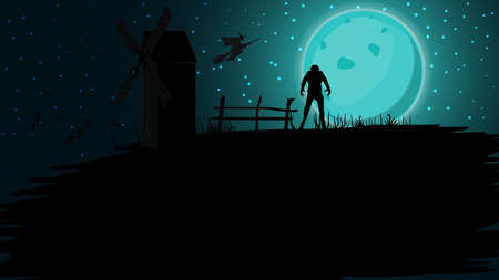 Halloween background, full blue moon, starry sky, old mill, bats and werewolf. Halloween background for your artsのイラスト素材