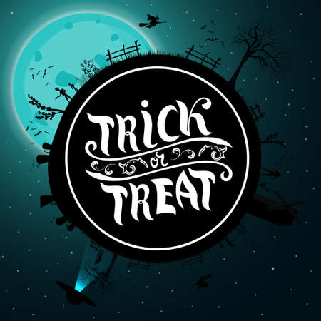 Trick or treat, black round greeting card with silhouette of the planet at Halloween night with full moon and starry sky.のイラスト素材