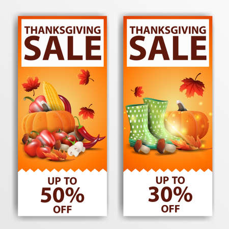 Thanksgiving sale, two vertical orange web banners with up to 50 off and up to 30 off. Discount coupons isolated on white background for your artsのイラスト素材