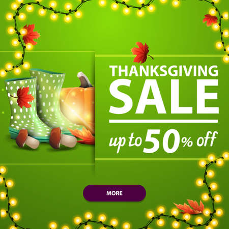 Thanksgiving sale, up to 50 off, square green web banner with autumn leafs and autumn harvest.のイラスト素材