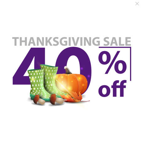Thanksgiving sale, up to 40 off, white stylish discount banner with large red numbers with rubber boots, pumpkin, mushrooms and autumn leafのイラスト素材