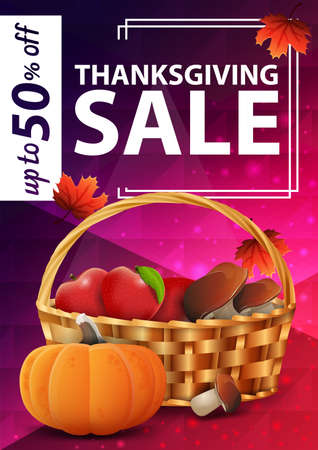 Thanksgiving sale, up to 50 off, pink vertical web banner with fruit and vegetable basketのイラスト素材