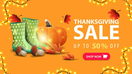 Thanksgiving sale, up to 50 off, orange discount web banner with rubber boots, pumpkin, mushrooms and autumn leafのイラスト素材