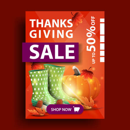 Thanksgiving sale, up to 50 off, creative 3D vertical discount banner with rubber boots, pumpkin, mushrooms and autumn leafのイラスト素材
