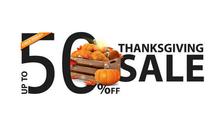 Thanksgiving sale, up to 50 off, creative white banner with wooden crates of ripe pumpkins and autumn eavesのイラスト素材