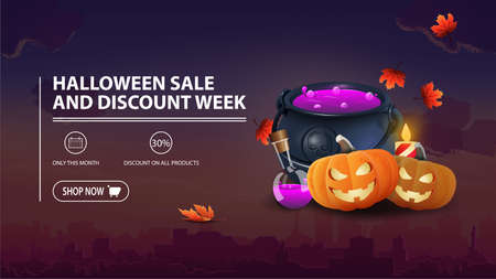 Halloween saleand discount week, discount banner with city on background, witch's cauldron and pumpkin Jackのイラスト素材