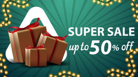 Super sale, up to 50 off, green discount banner for website with gift boxesのイラスト素材