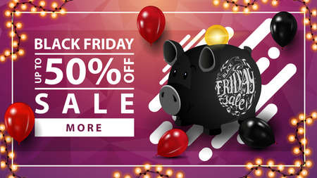 Black friday sale, up to 50 off, pink horizontal discount web banner with black piggy Bankのイラスト素材