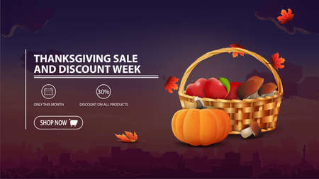 Thanksgiving sale and discount week, discount banner with city on background, fruit and vegetable basketのイラスト素材