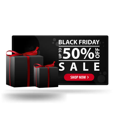 Black friday sale, up to 50 off. Modern black 3D discount banner with giftsのイラスト素材