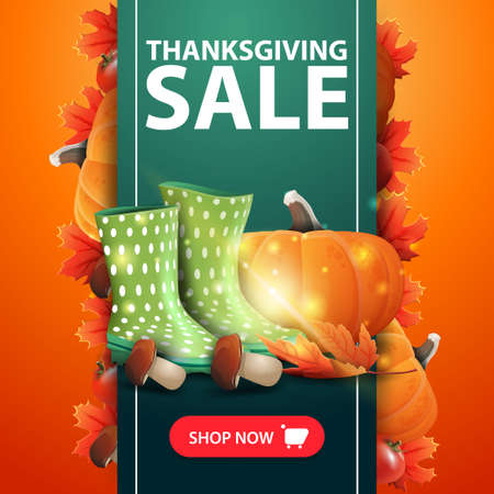 Thanksgiving sale, web banner with green vertical ribbon decorated autumn leafs and pumpkin, rubber boots, pumpkin, mushrooms and autumn leafのイラスト素材