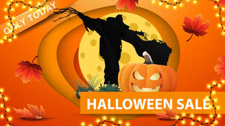 Halloween sale, orange discount web banner in paper cut style with Scarecrow and pumpkin Jack against the moon. Modern design of discount bannerのイラスト素材