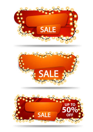 Set horizontal discount banners with garland isolated on white backgroundのイラスト素材
