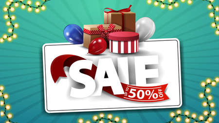 Sale, up to 50 off, horizontal coupon with large letters, gift boxes and balloonsのイラスト素材