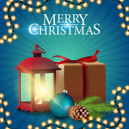 Merry Christmas, blue square greeting postcard with gift, vintage lantern, Christmas tree branch with a cone and a Christmas ballのイラスト素材