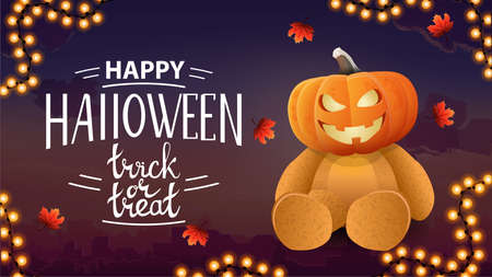 Happy Halloween, trick or treat, postcard with city on background and Teddy bear with Jack pumpkin headのイラスト素材