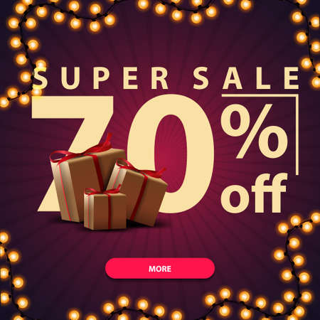 Super sale, up to 70 off, modern purple discount banner with large numbers and gift boxes