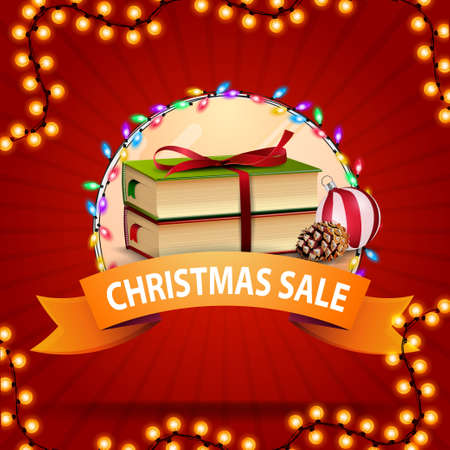 Christmas sale, round discount banner with ribbon, Christmas books, Christmas ball and coneのイラスト素材