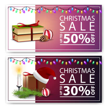 Christmas discount banners isolated on white background. Pink and purple templatesのイラスト素材