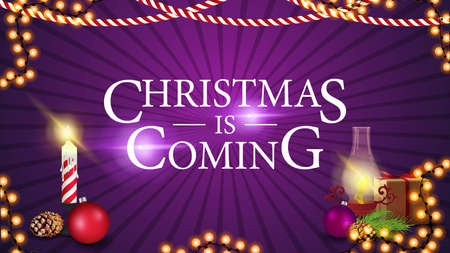 Christmas is coming, purple banner for website with gift, antique lamp, Christmas tree branch, cone, Christmas ballのイラスト素材
