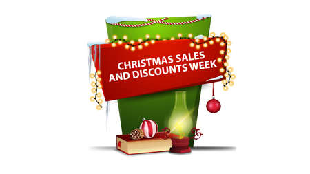 Christmas sales and discount week, red and green vertical banner for your creativity in cartoon style with antique lamp, Christmas book, Christmas ball and coneのイラスト素材