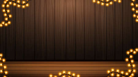 Wooden brown wall with garland, background for your creativityのイラスト素材