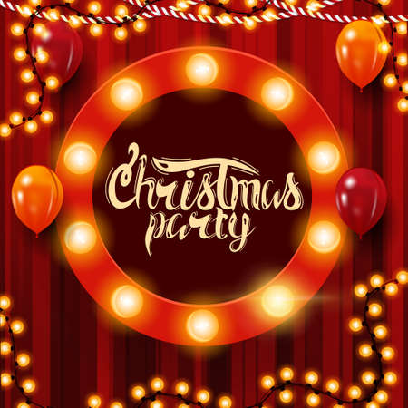 Square red Christmas party poster with garland, round sign with bulbs and balloonsのイラスト素材