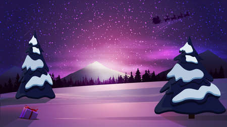 Winter cartoon landscape with purple sunrise, snowy mountains and silhouette Santa Claus in the skyのイラスト素材