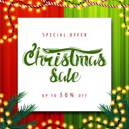 Special offer, Christmas sale, up to 50 off. Red and green square discount banner with Christmas garland and white paper sheetのイラスト素材