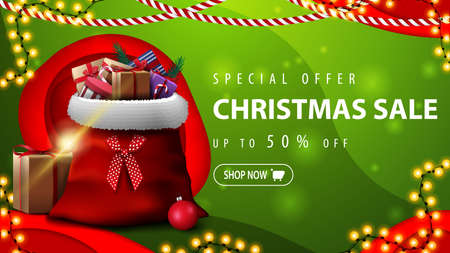 Special offer, Christmas sale, up to 50 off, green horizontal discount banner in paper cut style with Santa Claus bag with presentsのイラスト素材