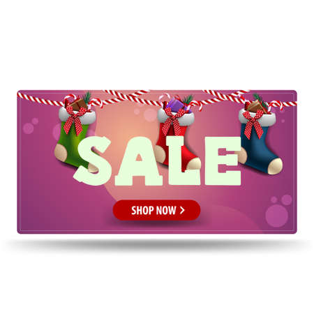 Christmas sale, pink discount banner with red button and Christmas stockingsのイラスト素材