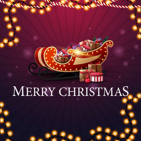 Merry Christmas, purple square greeting card with Santa Sleigh with presentsのイラスト素材