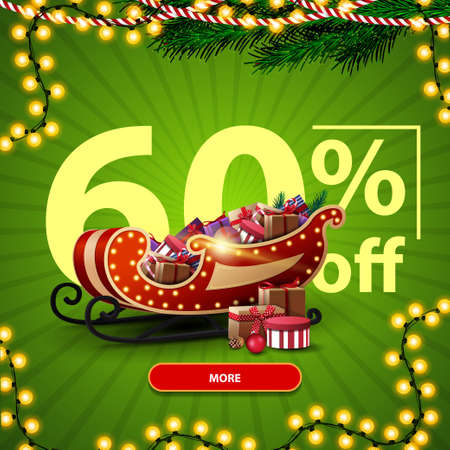 Christmas sale, up to 60 off, green discount banner with Large numbers, button, garland and Santa Sleigh with presentsのイラスト素材