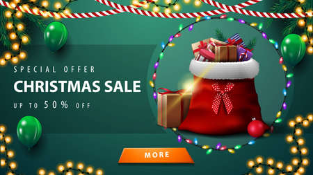 Special offer, Christmas sale, up to 50 off, green discount banner with garlands, green balloons, button and Santa Claus bag with presentsのイラスト素材