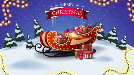 Merry Christmas, postcard with cartoon winter landscape and Santa sleigh with presentsのイラスト素材