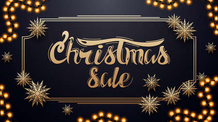 Christmas sale, dark blue discount banner with garland, gold vintage frame and paper gold snowflakesのイラスト素材