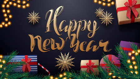 Happy New Year, dark blue postcard with garland, paper gold snowflakes, gold title and presents with Christmas tree branches, top viewのイラスト素材