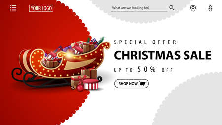 Special offer, Christmas sale, up to 50 off, red and white discount banner for website with Santa Sleigh with presentsのイラスト素材