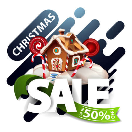 Christmas sale, up to 50 off, discount blue pop up for website with smooth abstract lines, large letters, green ribbon and Christmas gingerbread houseのイラスト素材