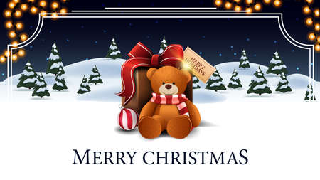 Merry Christmas, white and blue postcard with cartoon winter forest with spruces, starry sky, garland and present with Teddy bearのイラスト素材
