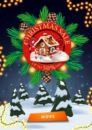 Christmas sale, up to 50 off, vertical discount banner with red sign decorated Christmas tree branches, winter landscape and buttonのイラスト素材