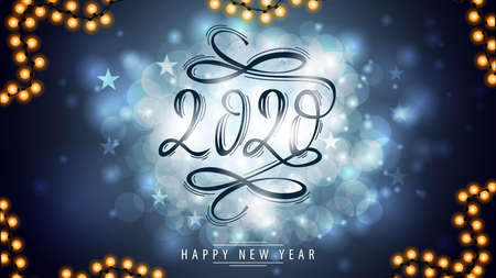 2020, Happy New Year, vintage numbers on blue blurred background