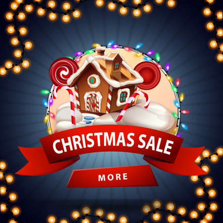 Christmas sale, round discount banner with red ribbon, button, garland and Christmas gingerbread houseのイラスト素材