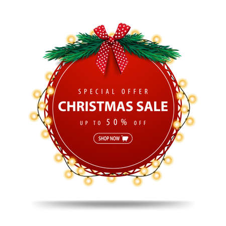 Special offer, Christmas sale, up to 50 off, round red discount banner wrapped with garland isolated on white backgroundのイラスト素材