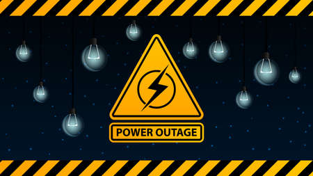Power outage, yellow warning logo on the background of starry sky and dull light bulbsのイラスト素材
