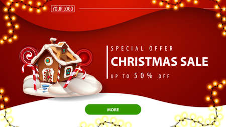 Special offer, Christmas sale, up to 50 off, red discount banner for website with red background, green button and Christmas gingerbread houseのイラスト素材