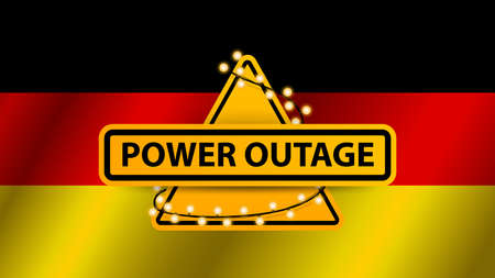 Power outage, yellow warning sign wrapped with garland on the background of the flag of Germanyのイラスト素材