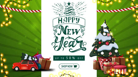 Happy New Year, up to 50 off, green greeting and discount banner with beautiful lettering, garlands, Christmas tree in a pot with gifts and red vintage car carrying Christmas treeのイラスト素材