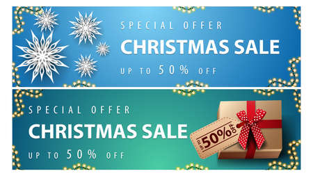 Special offer, Christmas sale, up to 50 off, blue and green horizontal discount banners with paper snowflakes and presents with price tagのイラスト素材