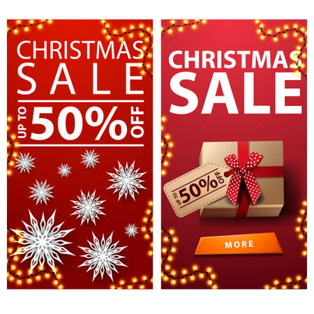 Christmas sale, up to 50 off, red vertical discount banners with paper snowflakes and presents with price tagのイラスト素材